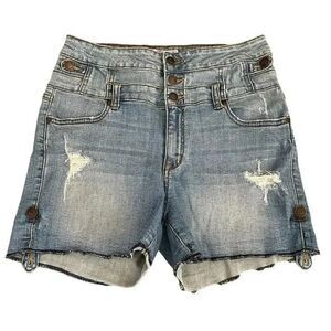 Eunina Blue Denim Cotton High Rise Front Button Closure Raw Hem Jeans L #1042